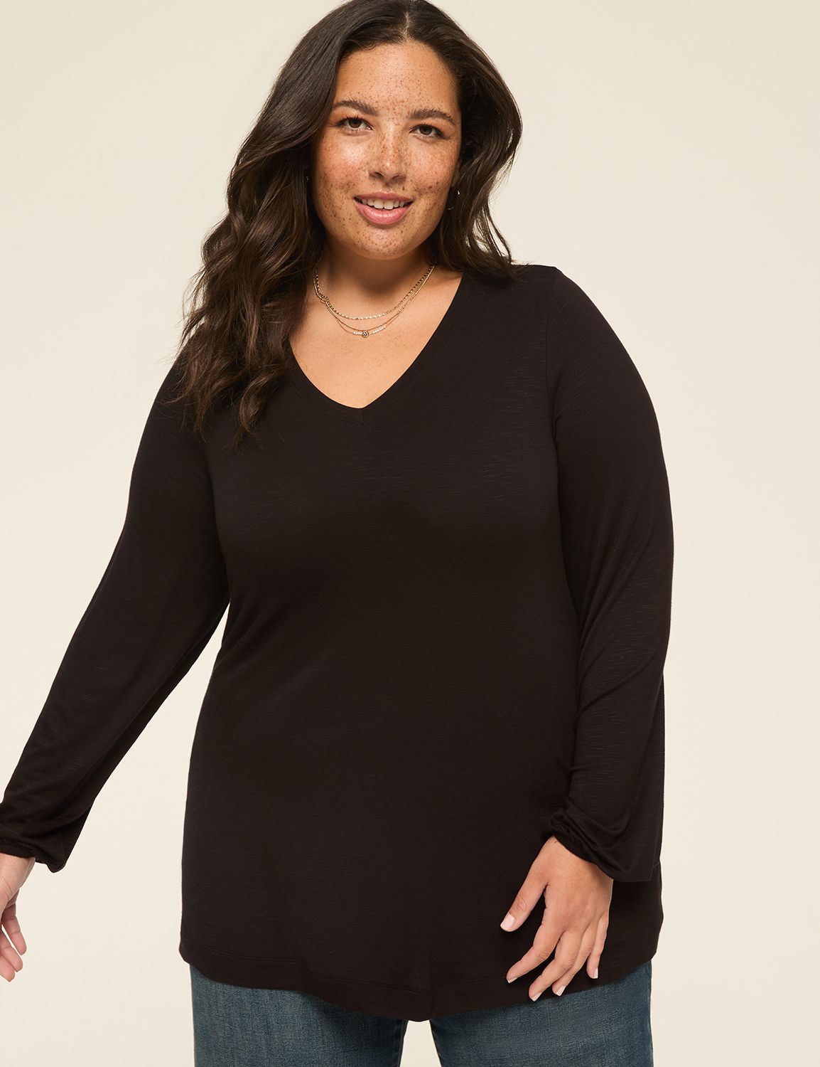 Blouson-Sleeve V-Neck Top