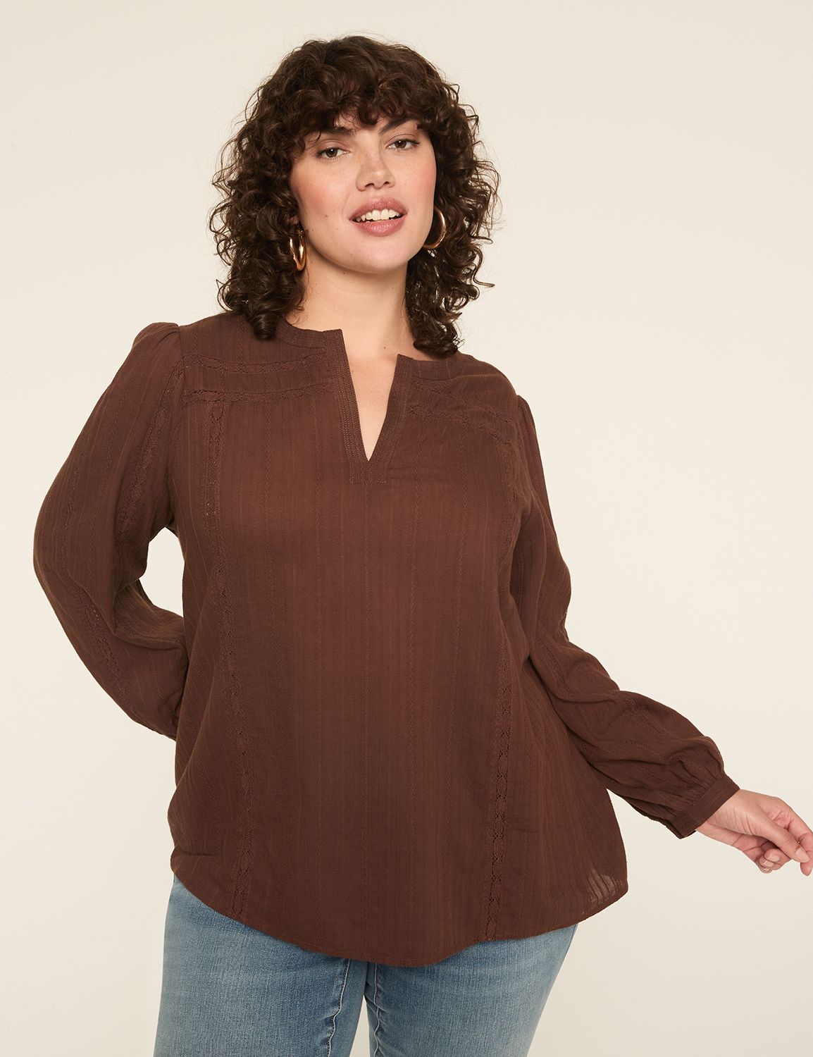Trim-Detail Split-Neck Popover Blouse