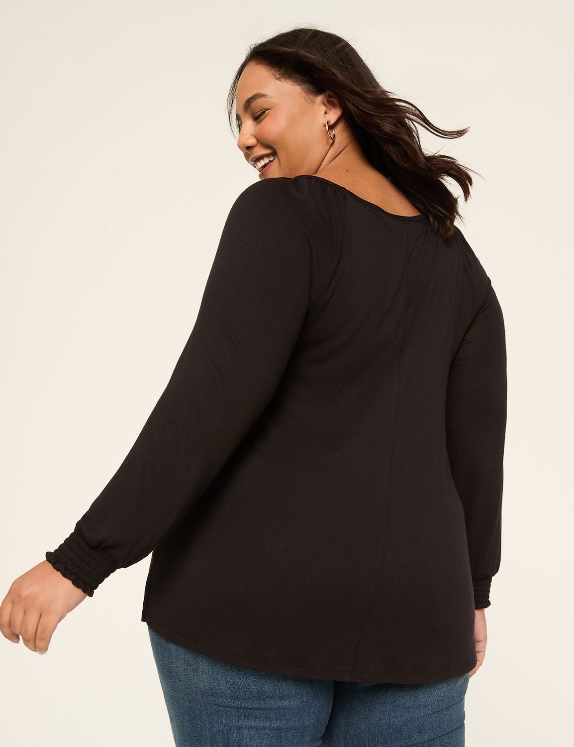 Long Sleeve Smocked Cuff Boatneck T Product Image 2