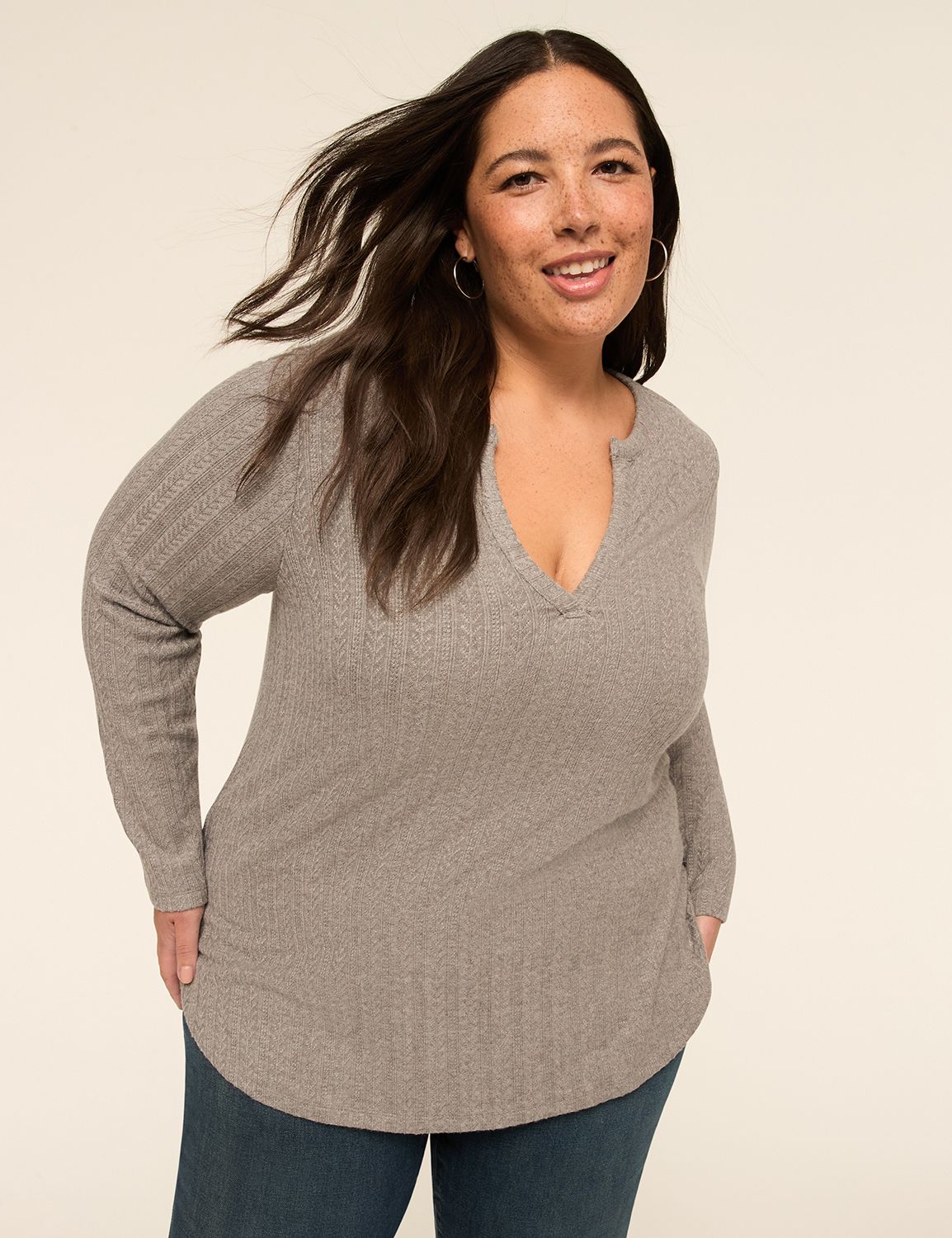 Long-Sleeve V-Notch Neck Tunic Tee