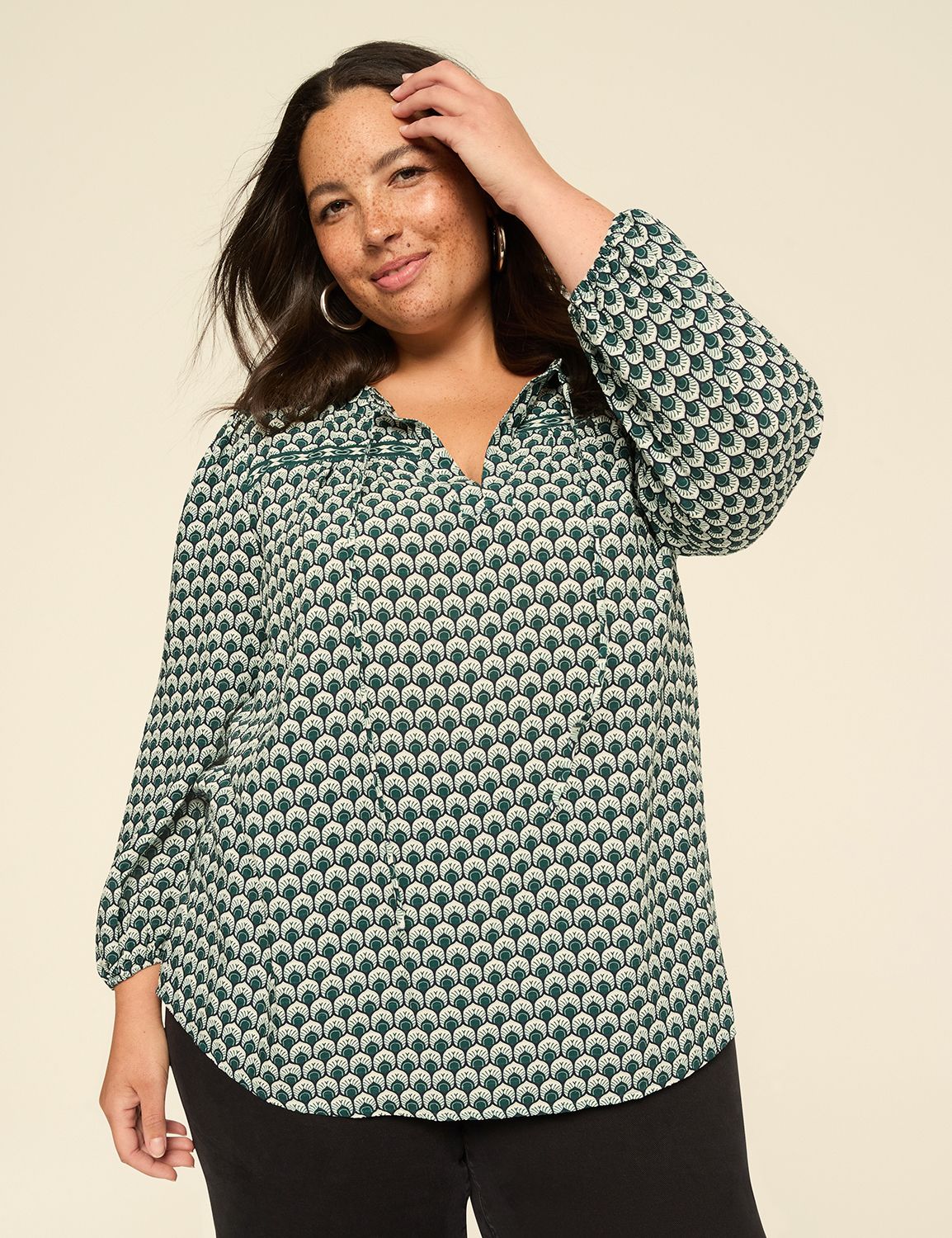 Bracelet-Sleeve Split-Neck Popover Blouse