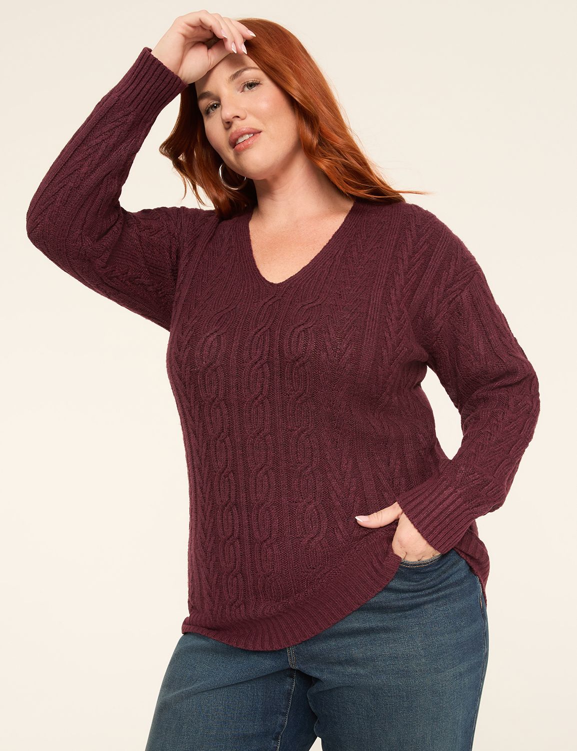 V-Neck Cable Knit Pullover Sweater | LaneBryant