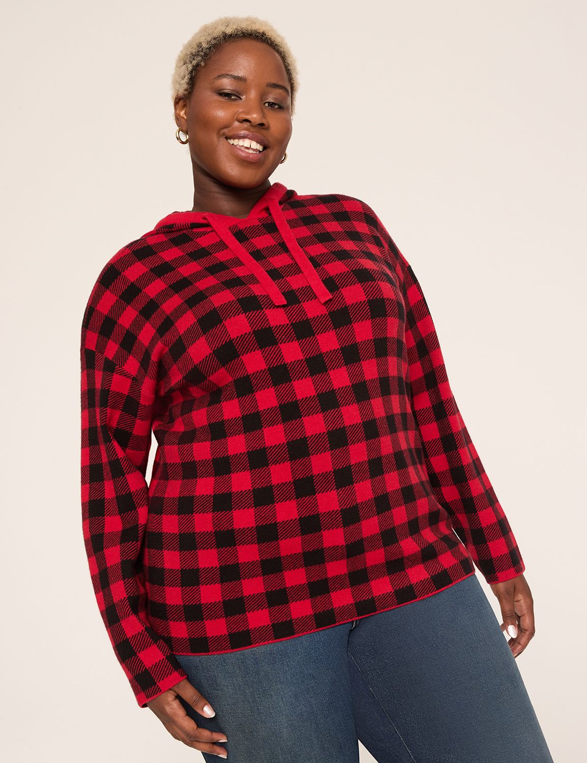 Long-Sleeve Buffalo Check Hoodie Sweater