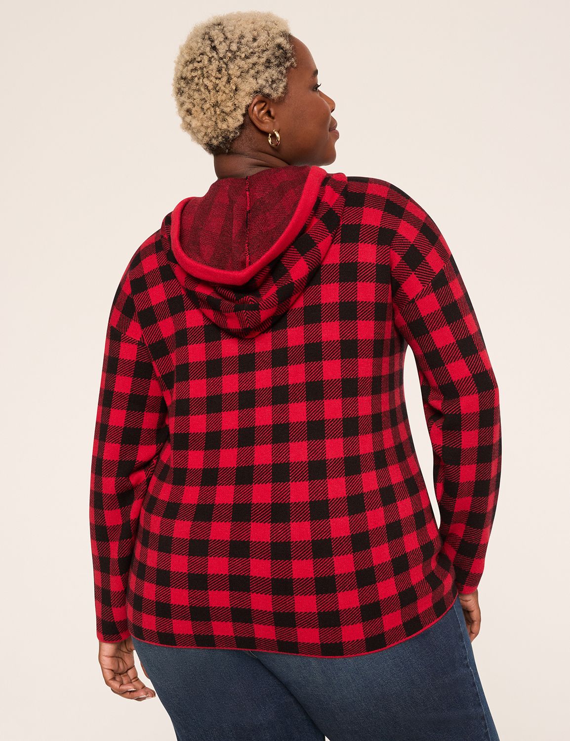 Long-Sleeve Buffalo Check Hoodie Sweater