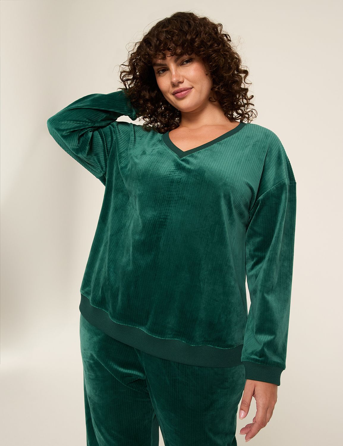 LIVI Ribbed Velour V-Neck Sweatshirt
