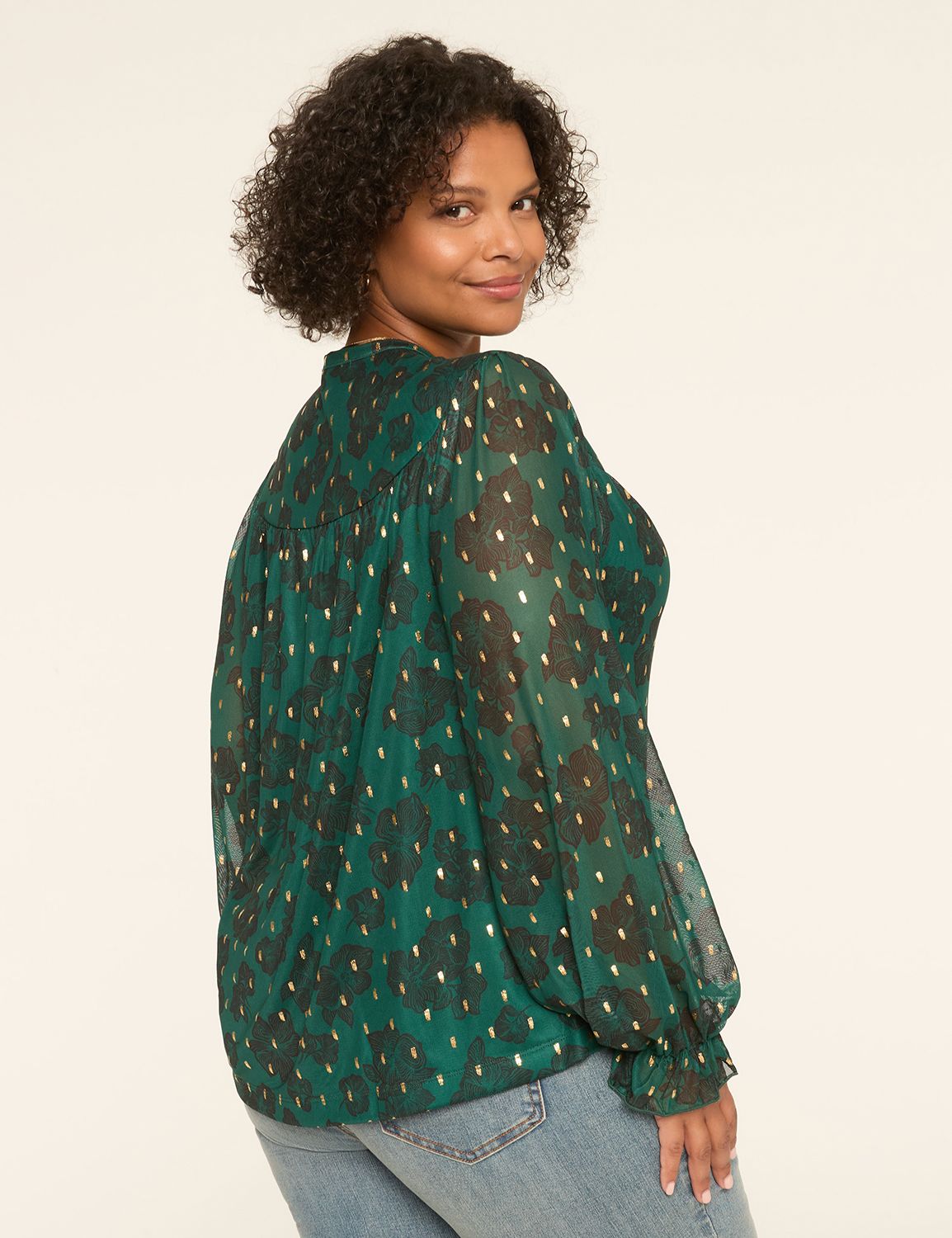 Swing Shimmer Foiled Mesh Tie-Neck Top