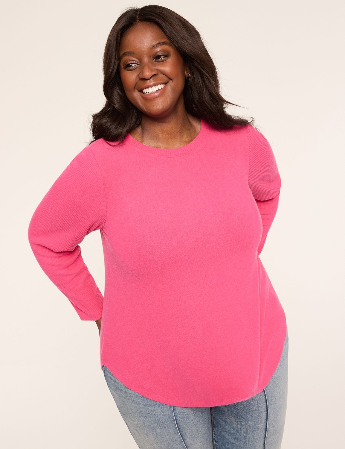 Rib-Sleeve Curved-Hem Top | LaneBryant