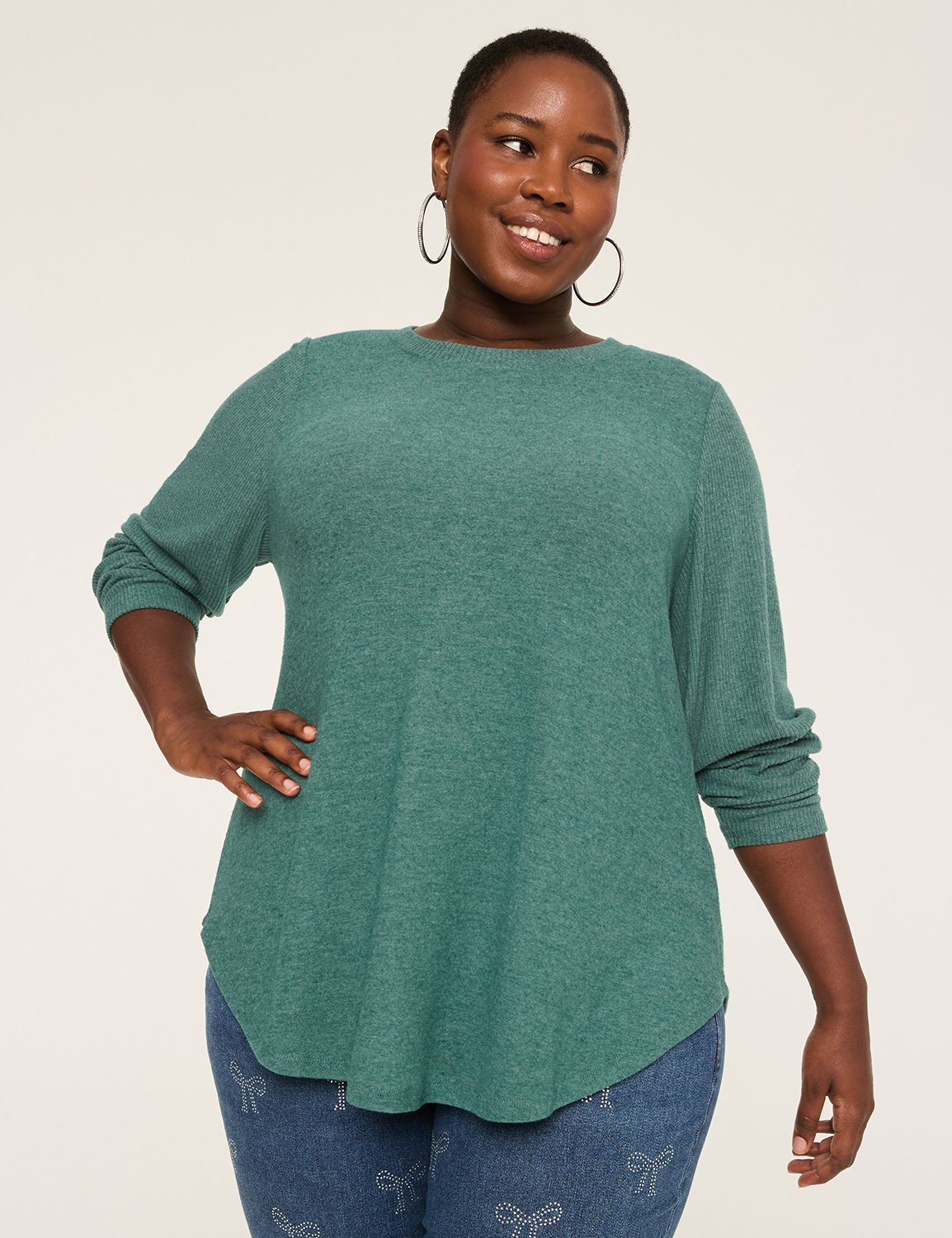 Rib-Sleeve Curved-Hem Top | LaneBryant