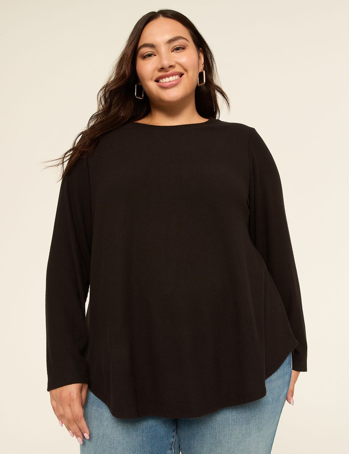 Long Sleeve Open Crew Fabric Mix Te Product Image 1