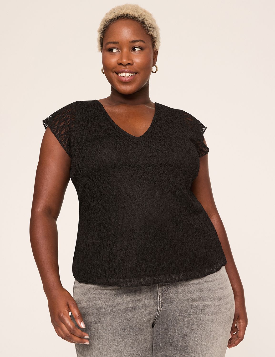 Short Sleeve V Neck Lace Top w/ Nec Product Image 1