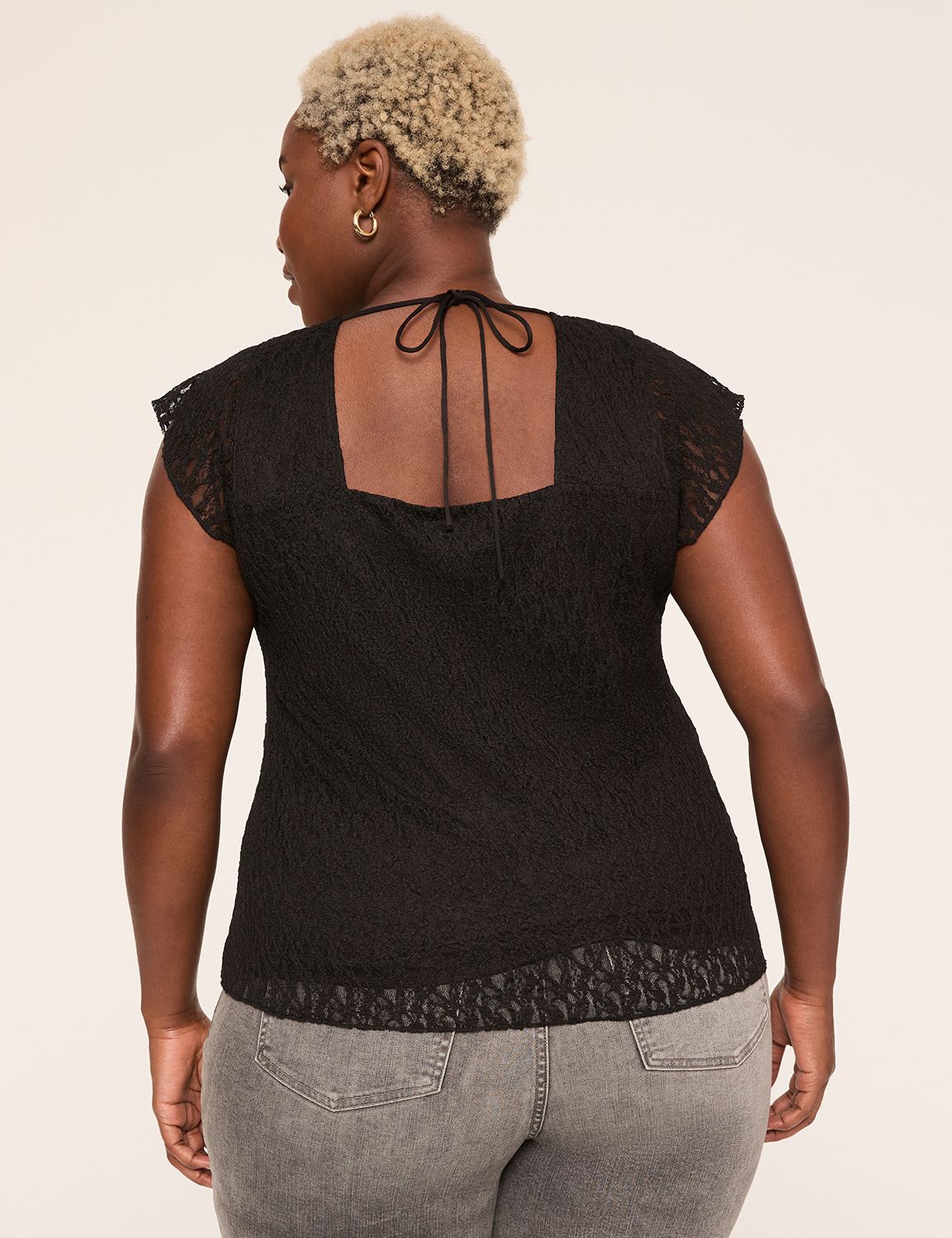 Short Sleeve V Neck Lace Top w/ Nec Product Image 2