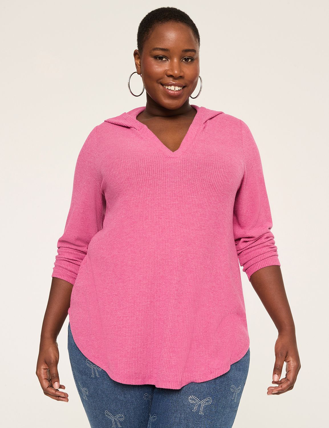 Notch-Neck Curved-Hem Hoodie Top