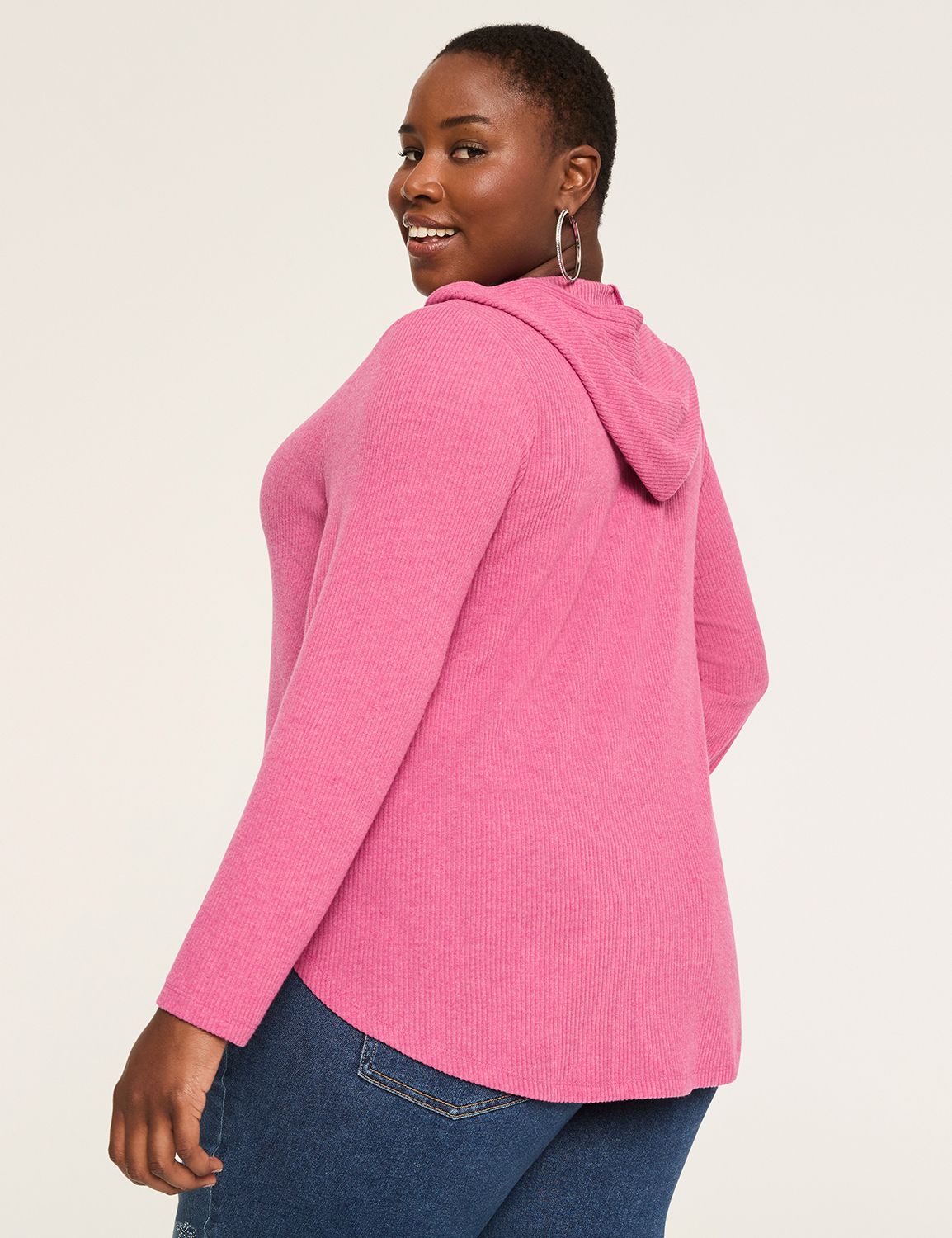 Notch-Neck Curved-Hem Hoodie Top
