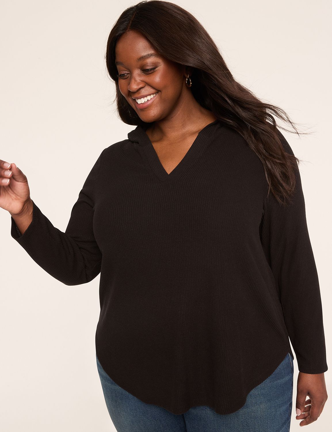 Notch-Neck Curved-Hem Hoodie Top