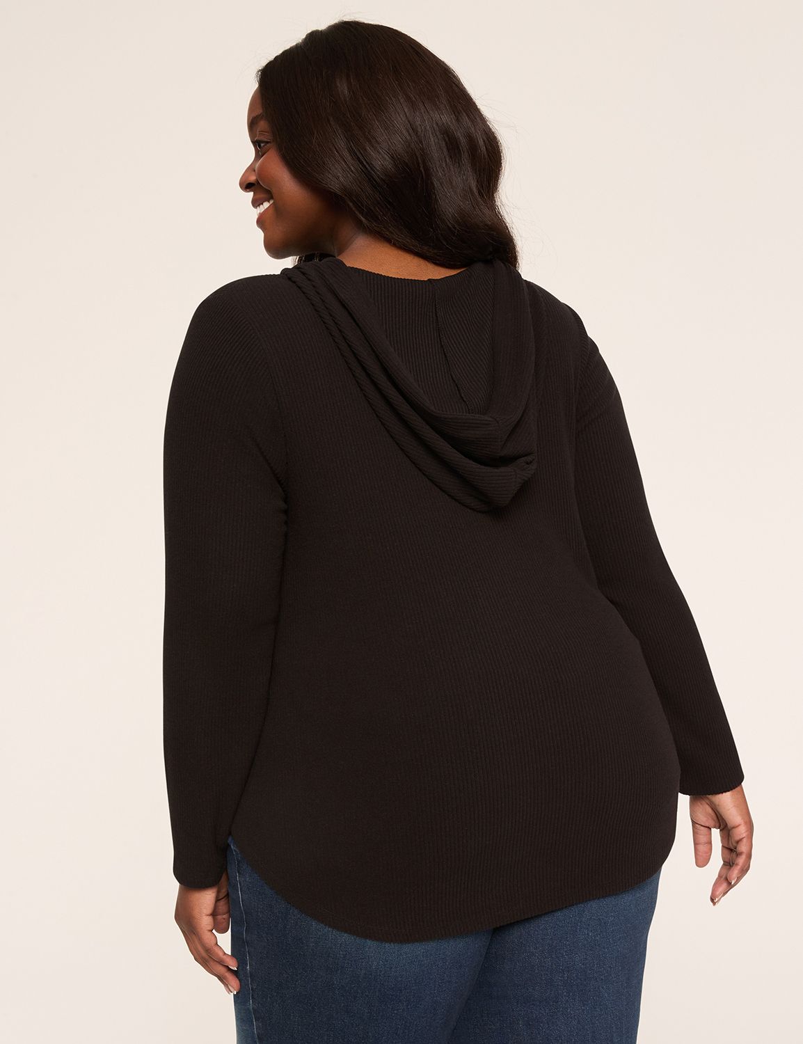Notch-Neck Curved-Hem Hoodie Top