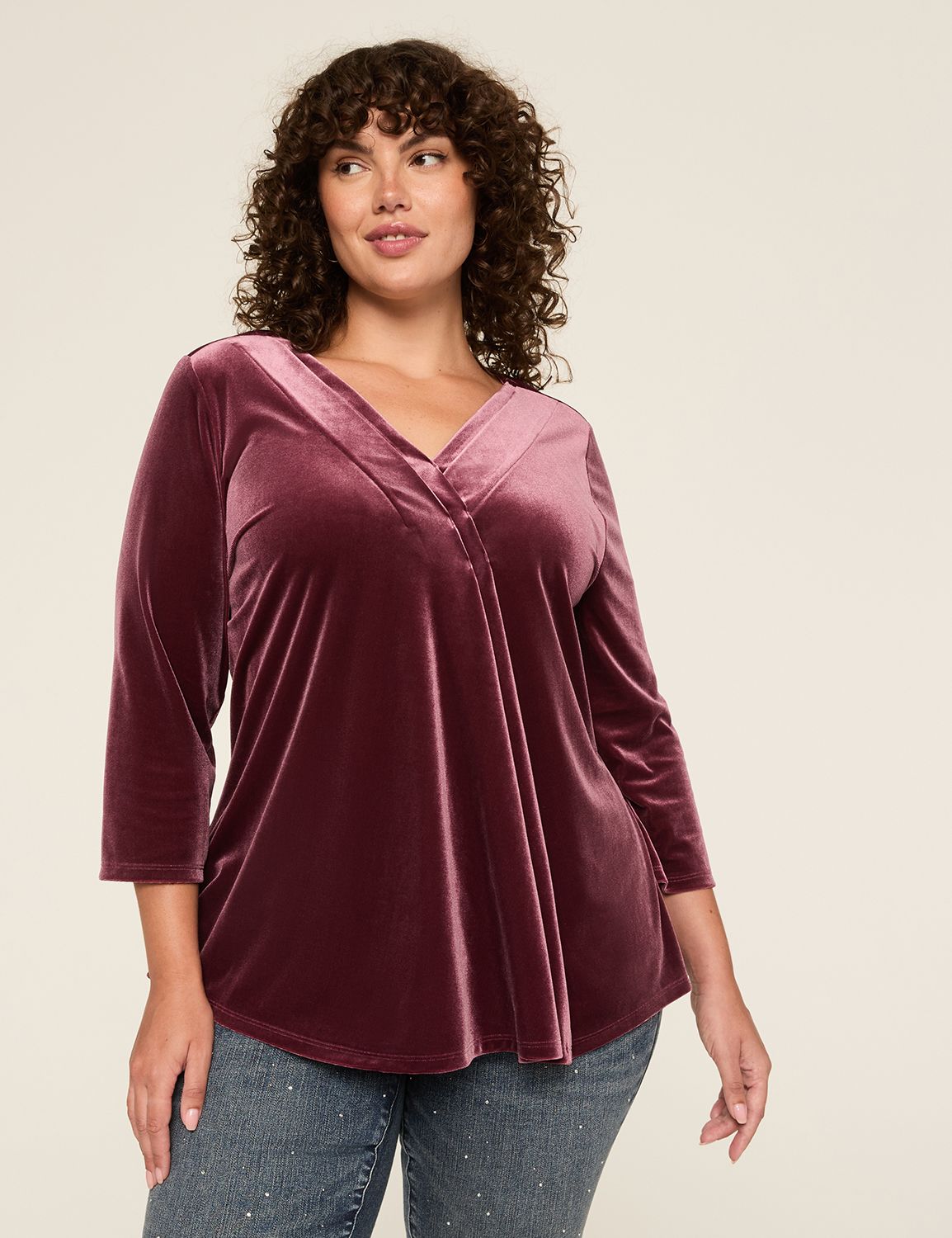Velvet Swing 3/4 Sleeve V Neck Plea Product Image 1