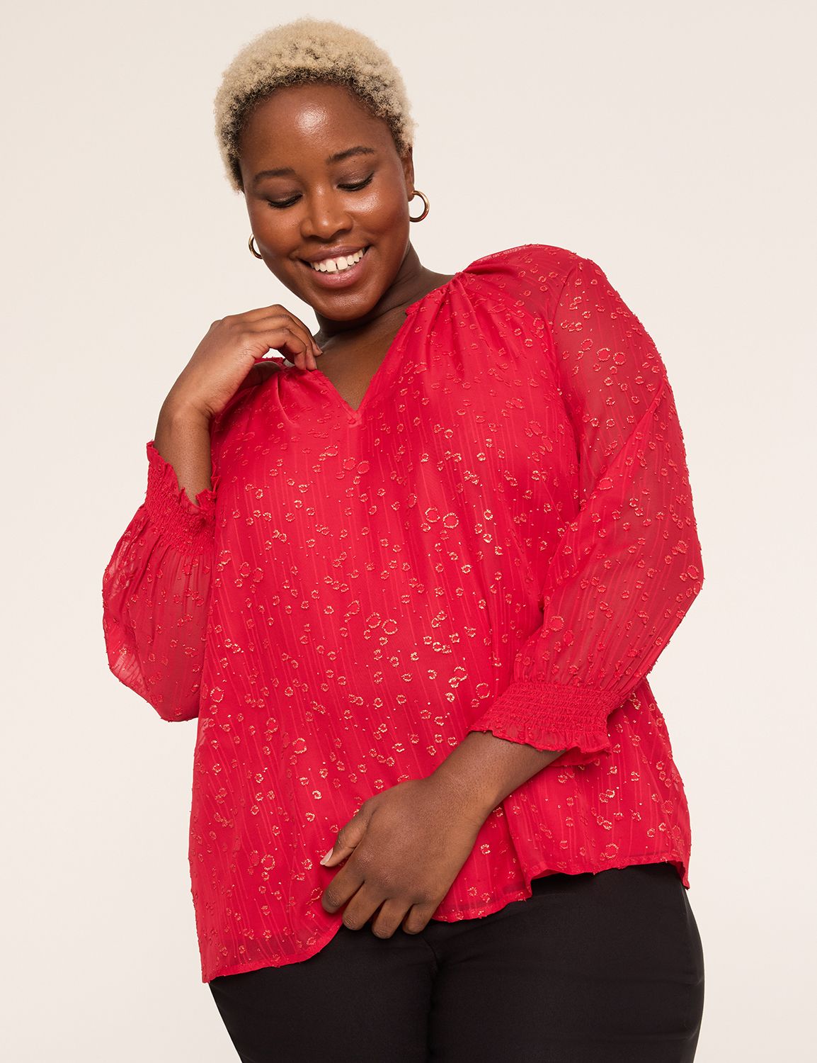 Swing Metallic Split-Neck Popover Blouse
