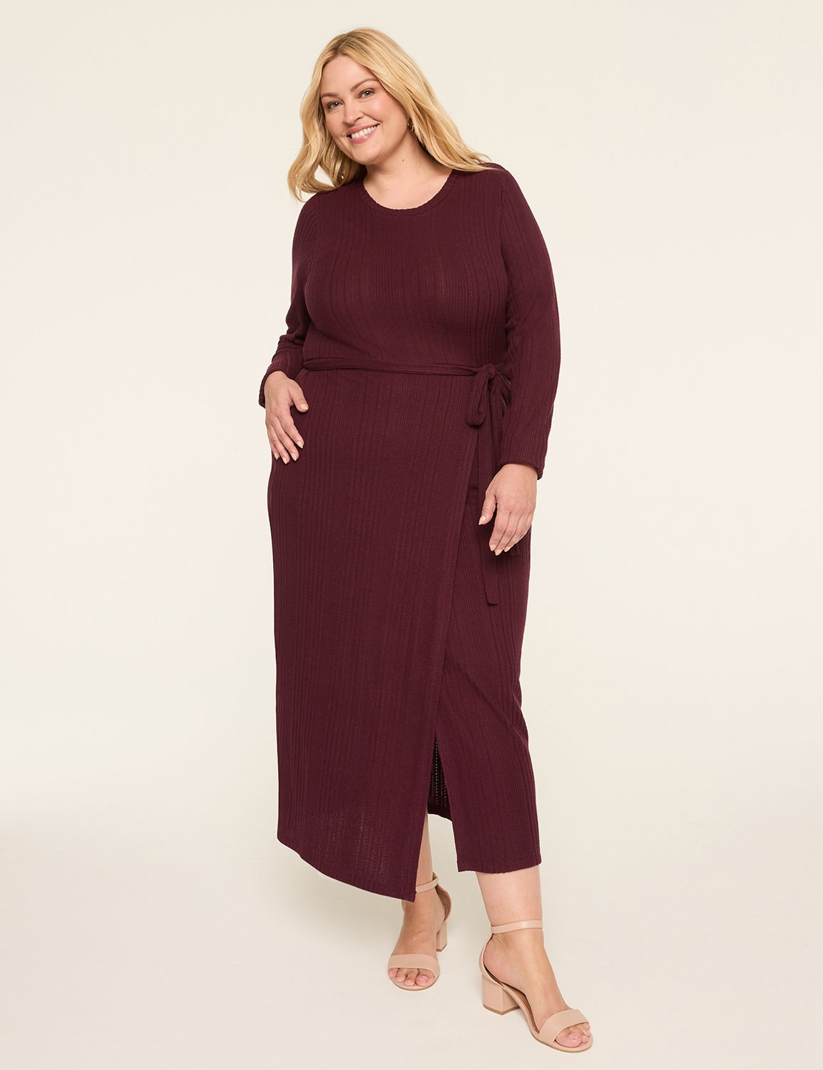 Long-Sleeve Tie-Waist Rib Knit Maxi Dress | LaneBryant