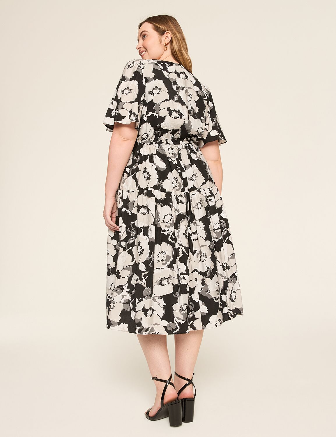 Surplice-Neck Elbow-Sleeve Midi Dress