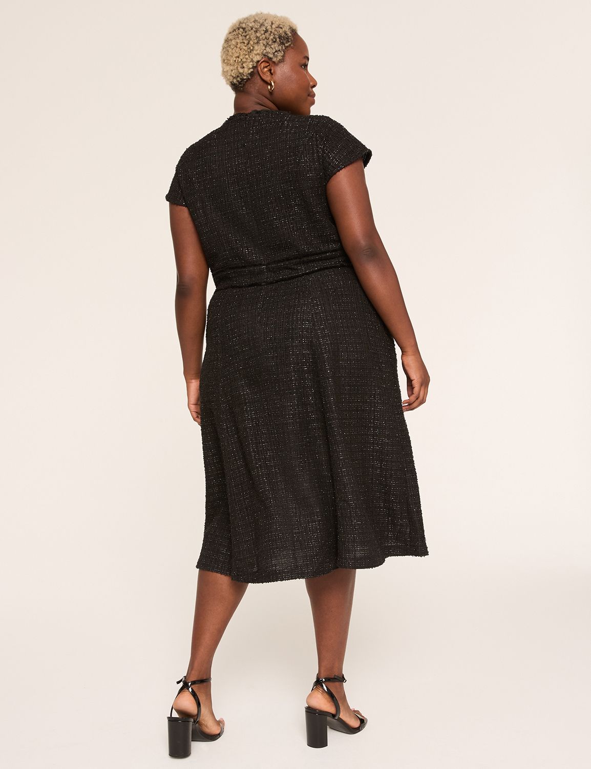 Cap-Sleeve Trim-Detail Metallic Tweed Midi Dress