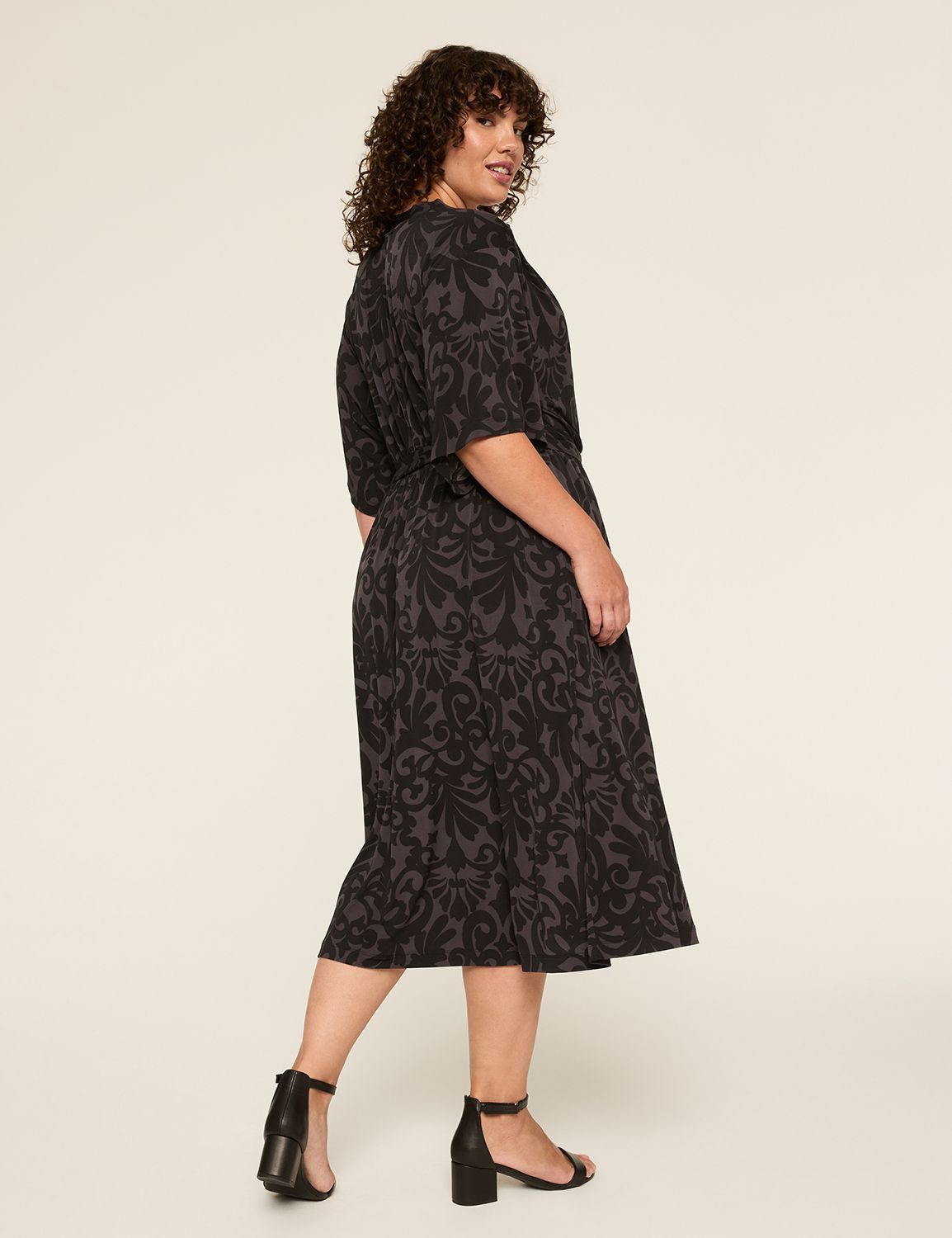 Kimono-Sleeve Faux-Wrap Jersey Midi Dress