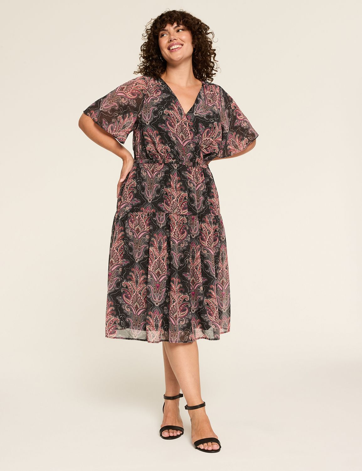 Surplice-Neck Elbow-Sleeve Midi Dress