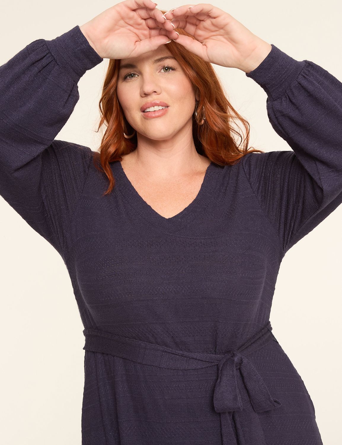 LS VNECK TIE WAIST LONG MIDI DRESS | LaneBryant