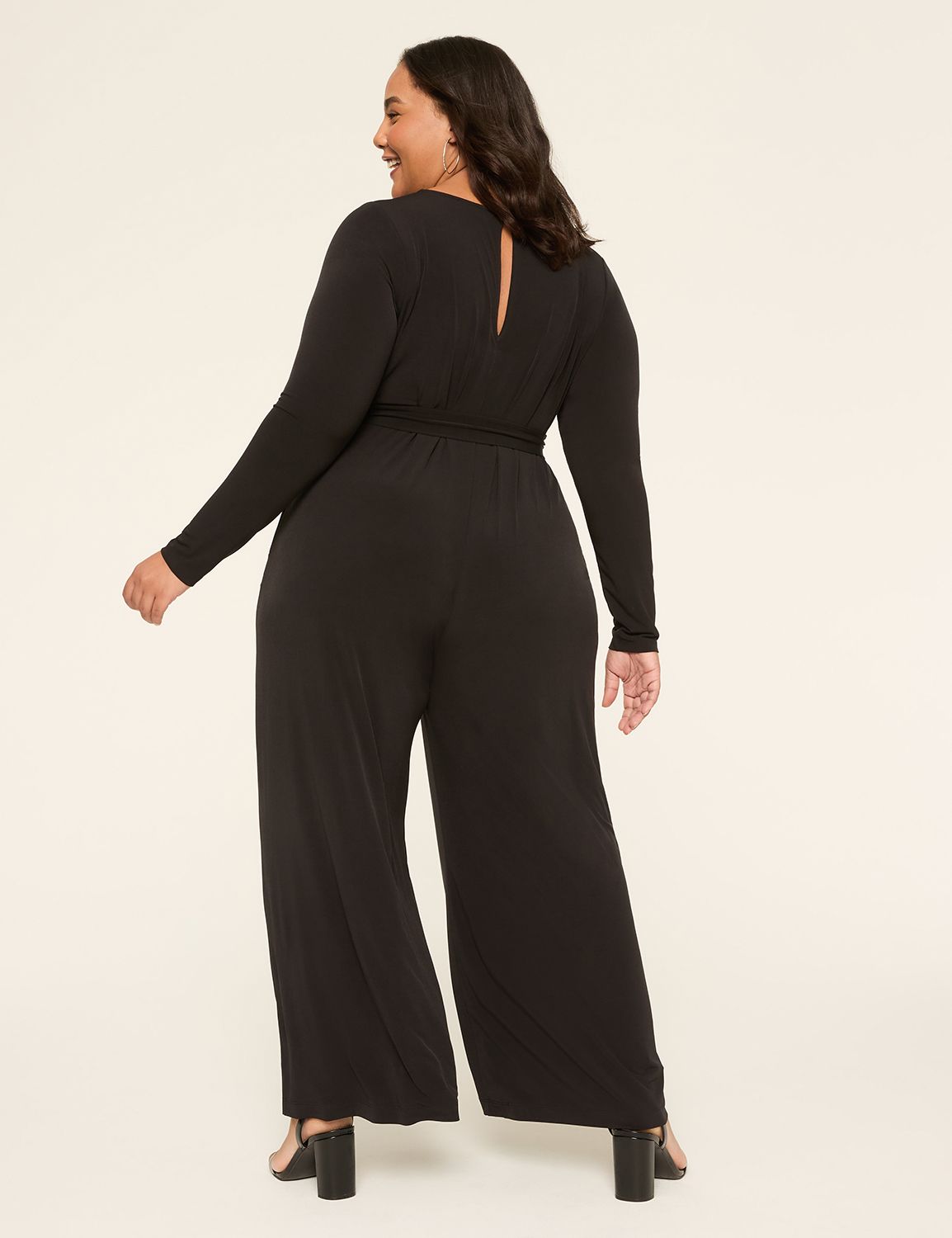 Long-Sleeve Tie-Waist Wide Leg Jersey Jumpsuit