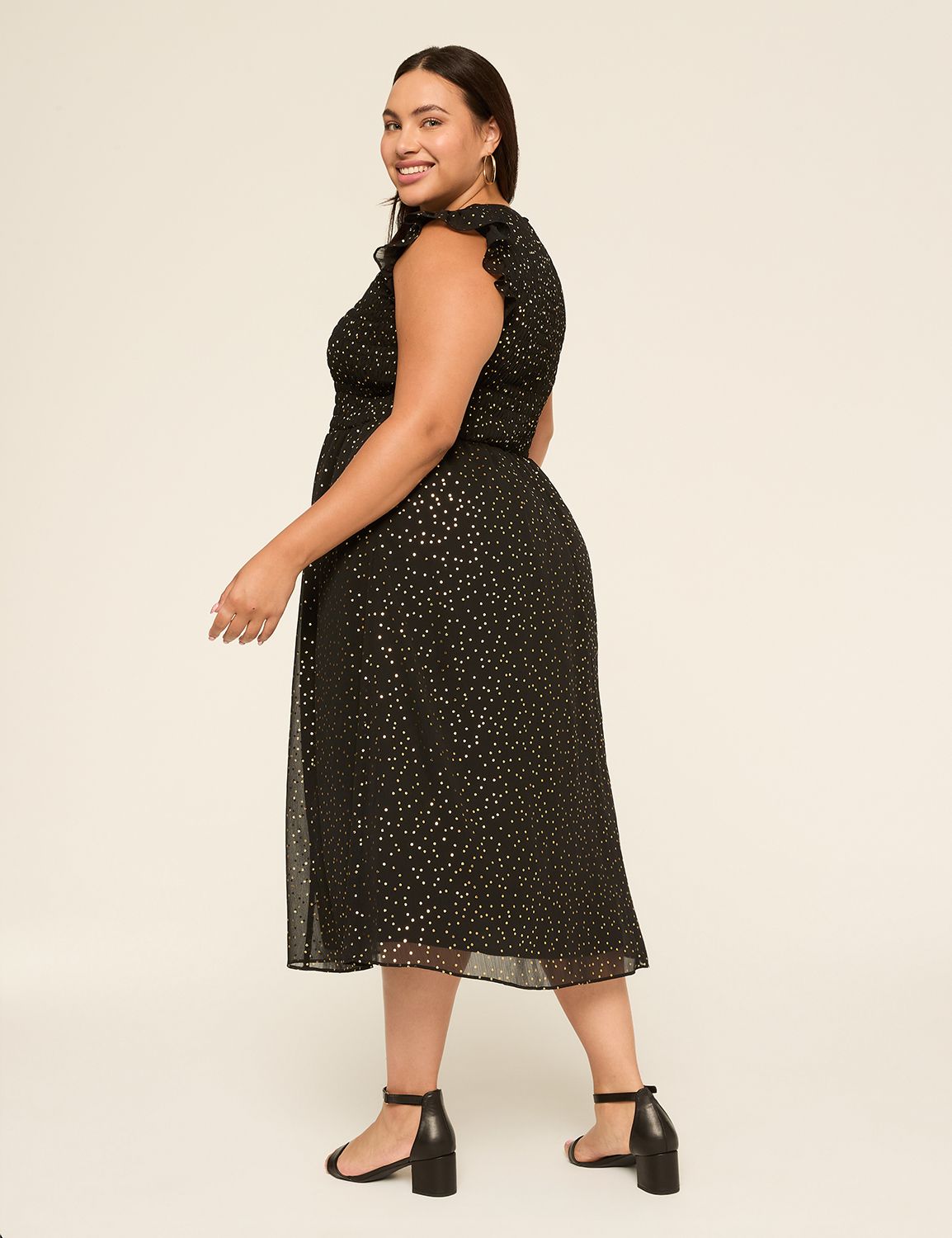 Foil Shimmer Flutter-Sleeve Smocked-Bodice Midi Dress