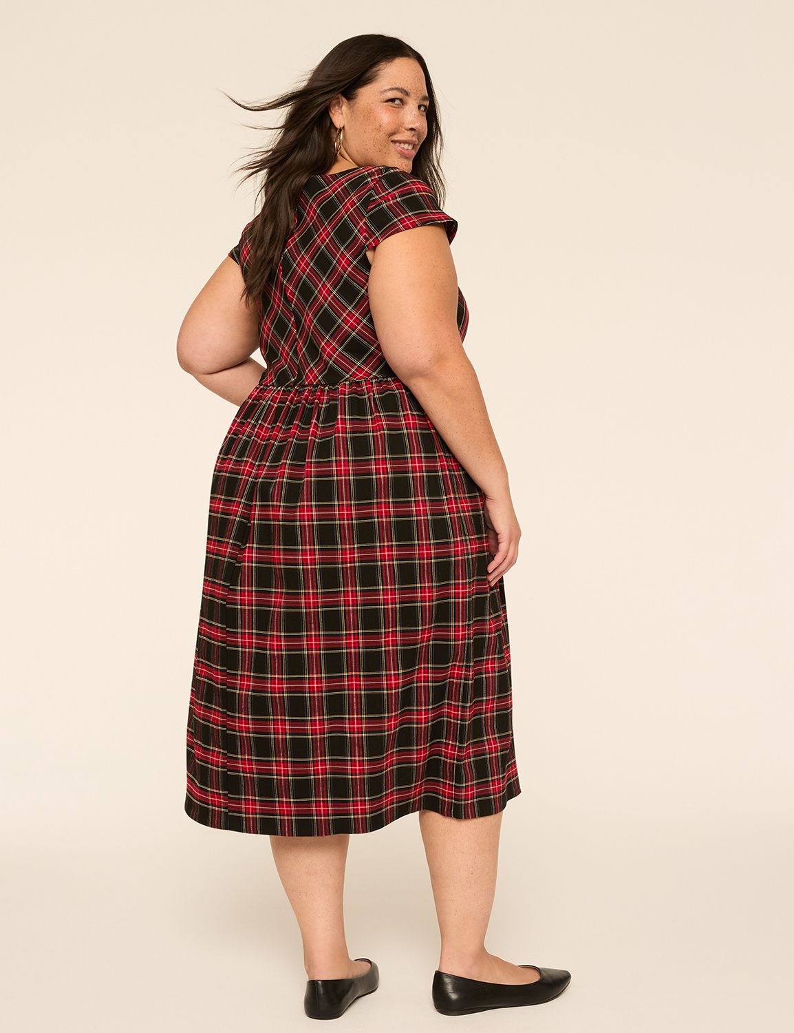 Cap-Sleeve Plaid Midi Dress