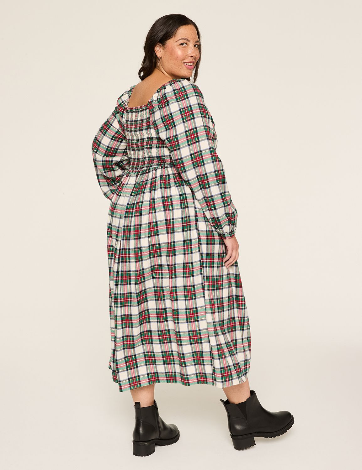 Lurex Square-Neck Smocked-Bodice Plaid Midi Dress