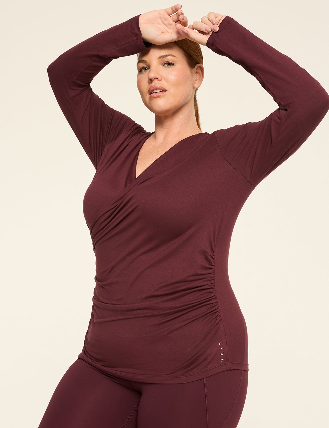 LIVI Soft Faux-Wrap Side-Ruched Top