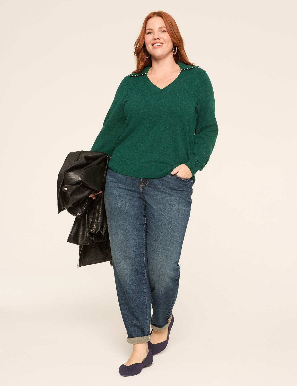 Classic Long Sleeve Pearl V-Neck Co Product Image 3