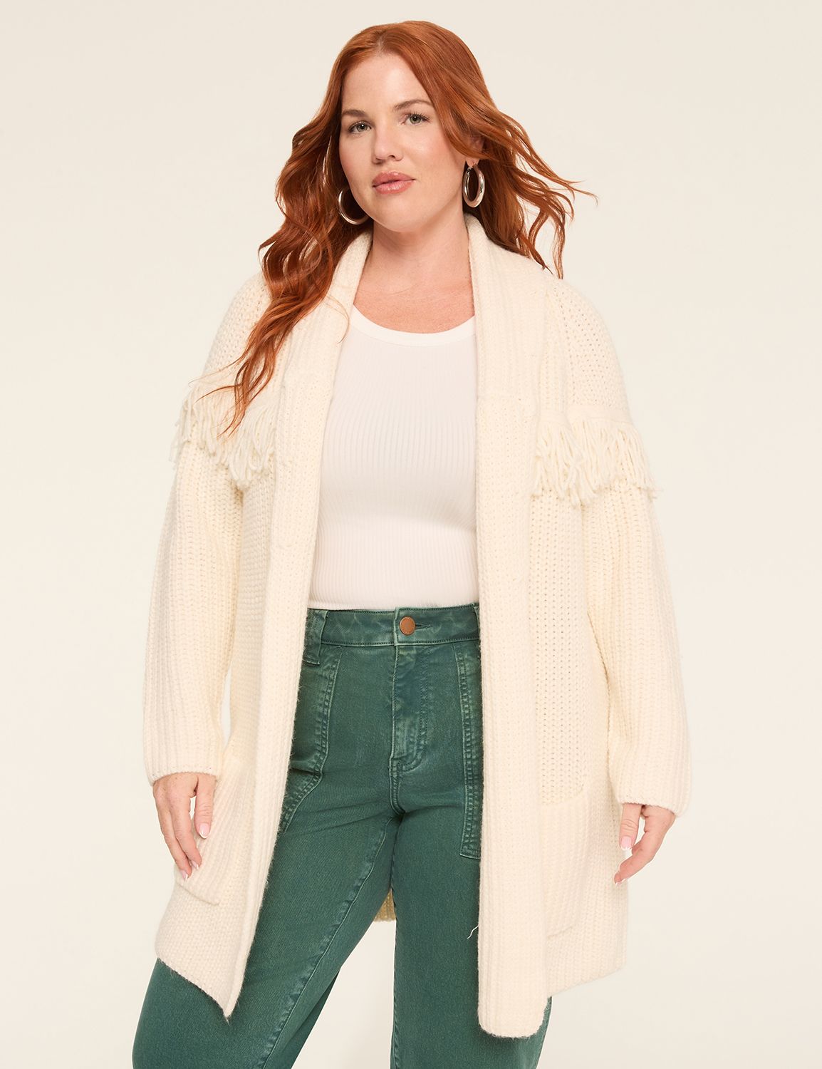 Open-Front Shawl-Collar Fringe-Detail Cardigan