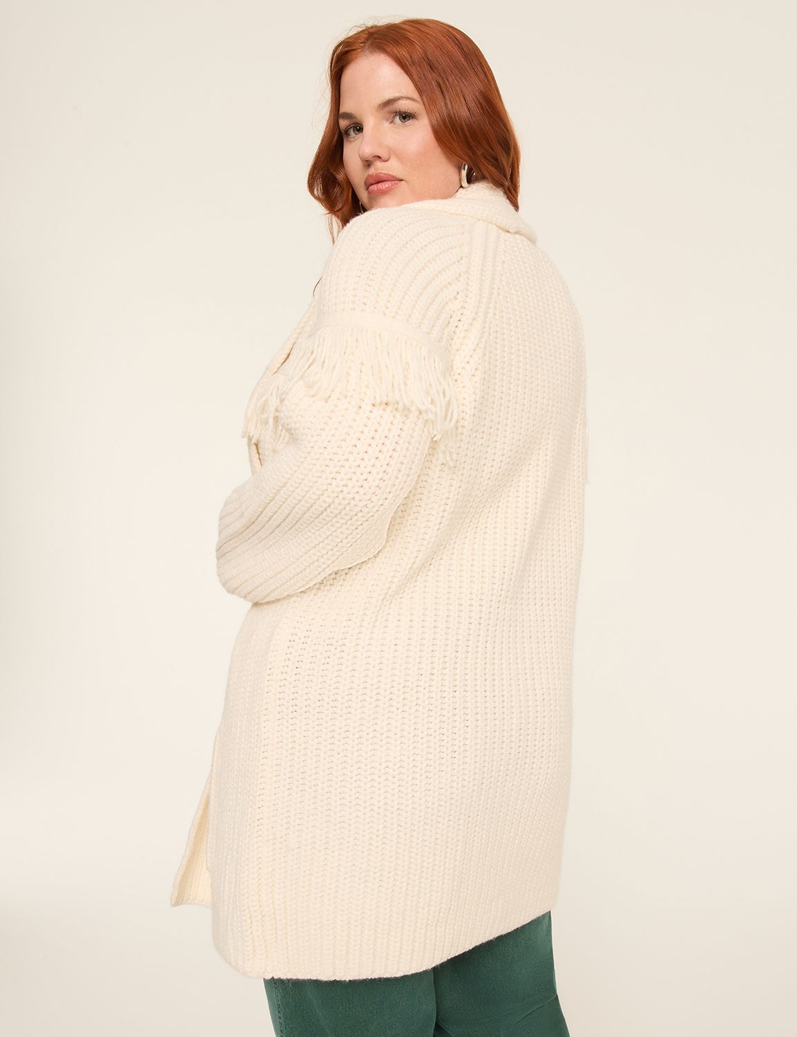 Open-Front Shawl-Collar Fringe-Detail Cardigan