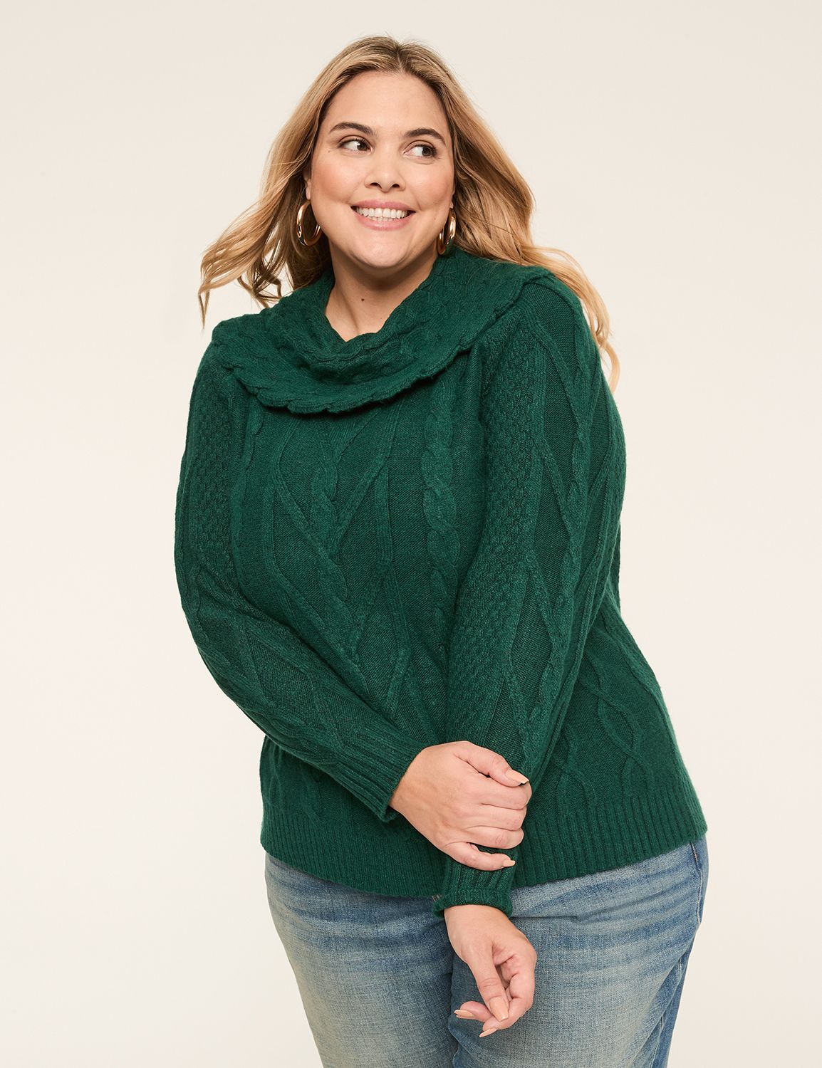 Long Sleeve Cowl Neck Cable Sweater Product Image 1