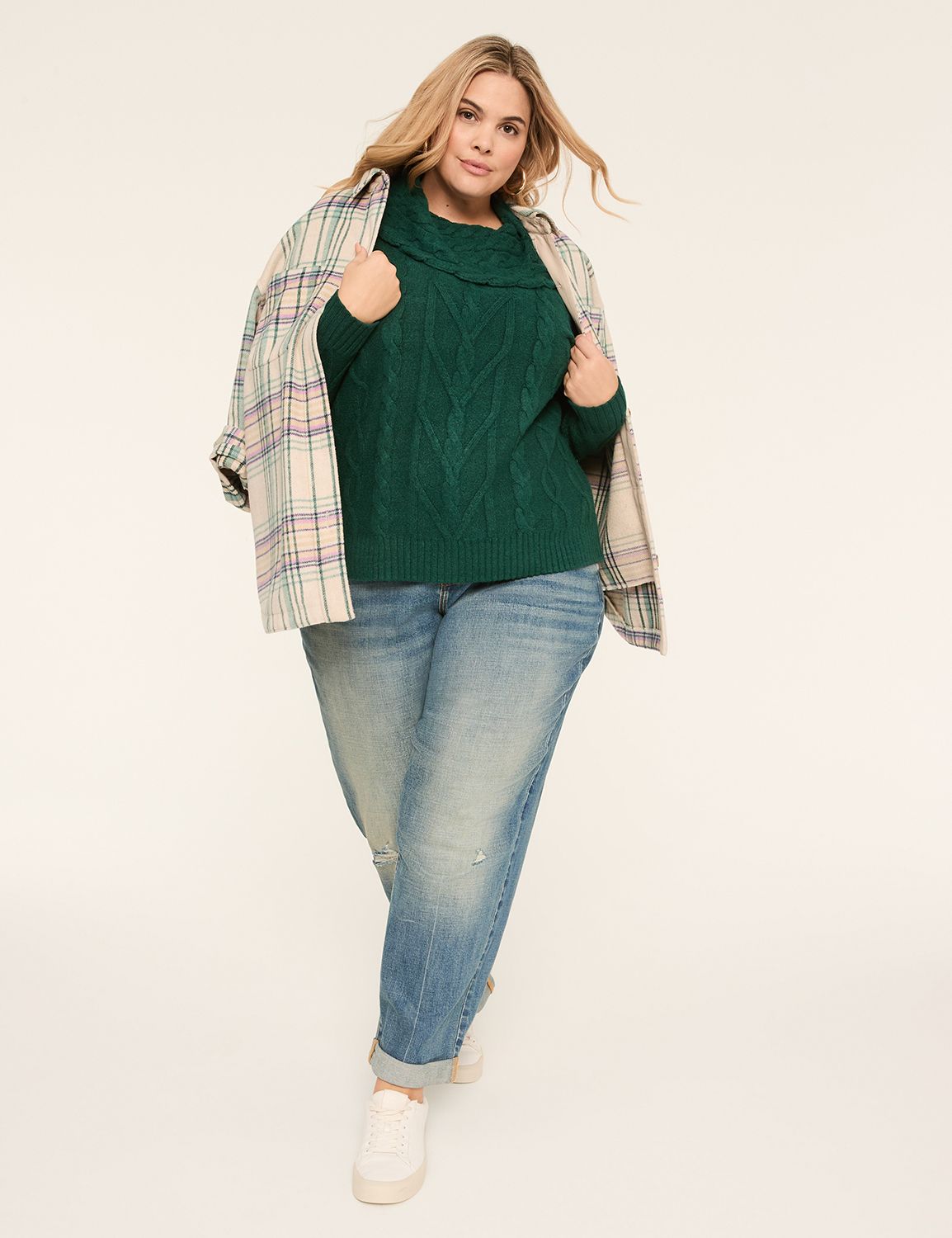 Long Sleeve Cowl Neck Cable Sweater Product Image 3