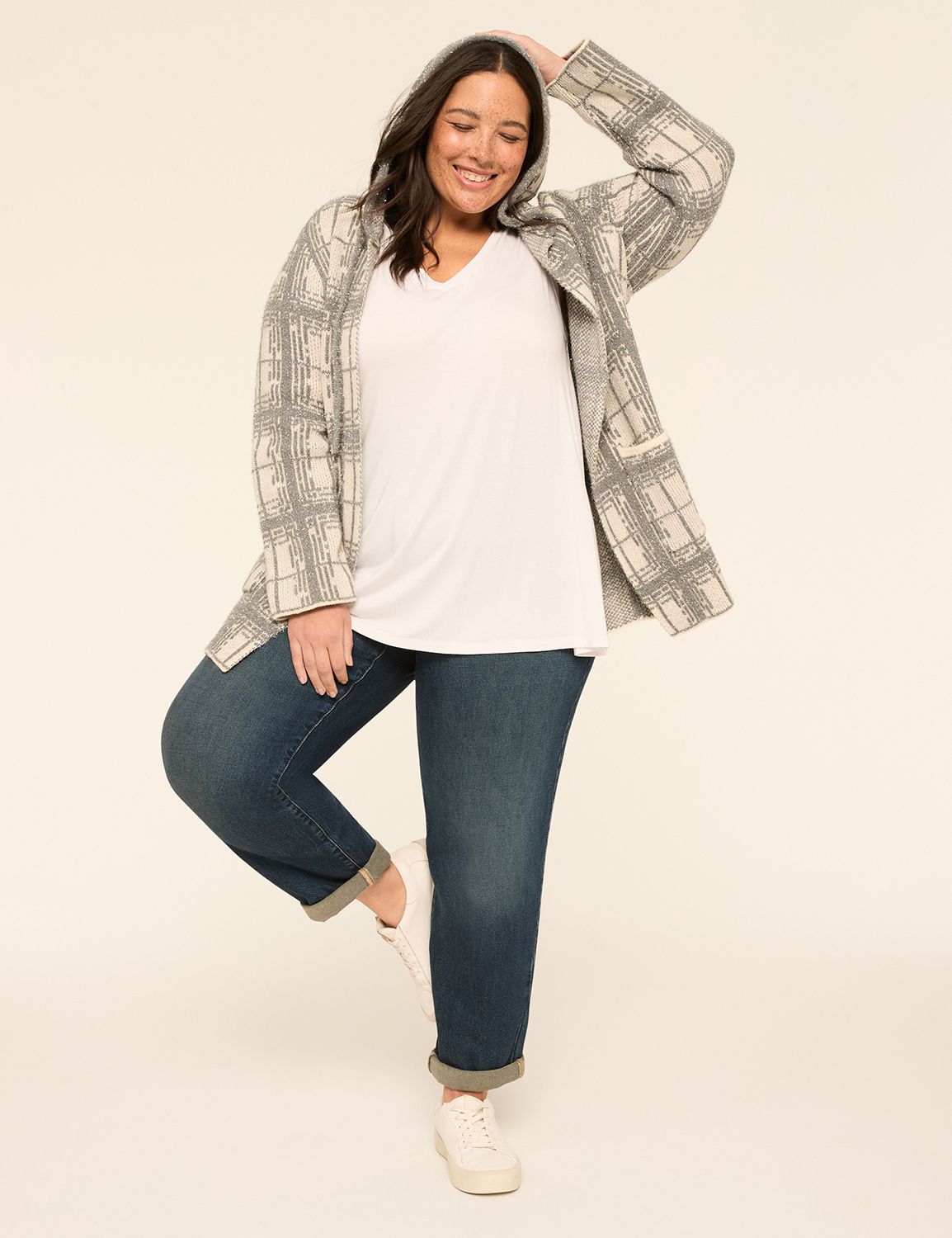 Long Sleeve Plaid Open Front Hoodie Product Image 3