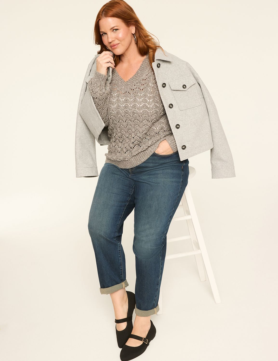 Relaxed Long Sleeve V-Neck Stitch P Product Image 3