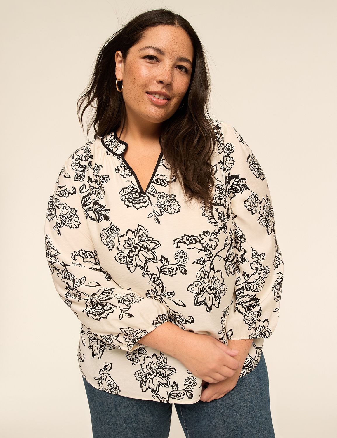 Bracelet-Sleeve Split-Neck Popover Blouse