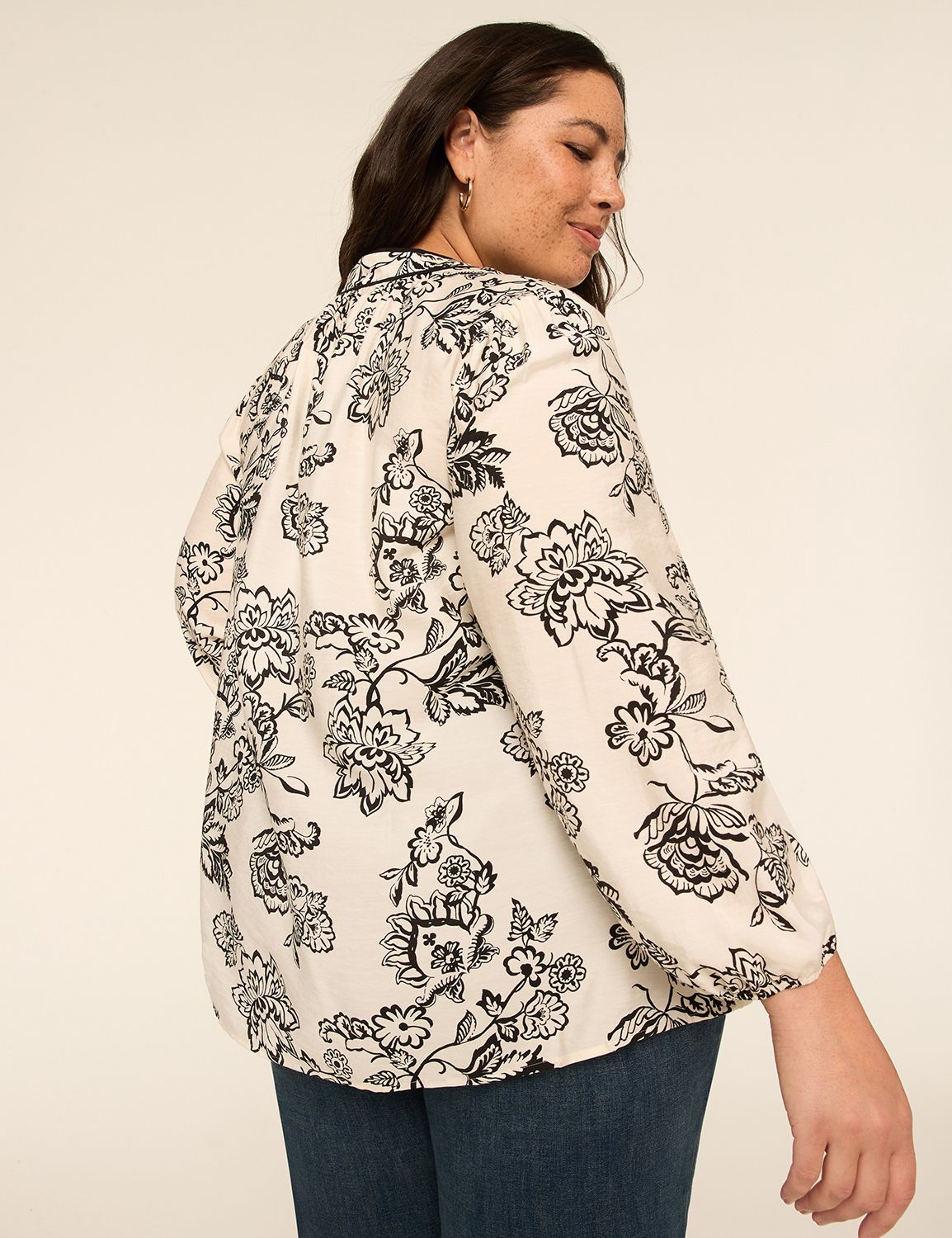 Bracelet-Sleeve Split-Neck Popover Blouse