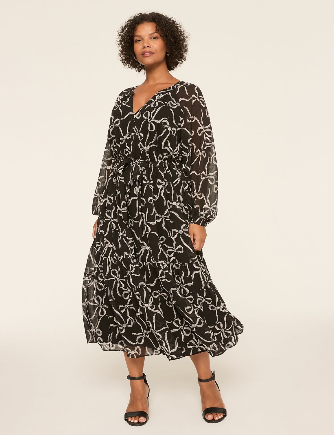 Split-Neck Long-Sleeve Tie-Waist Dress