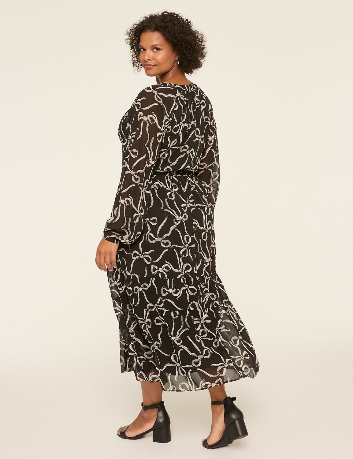 Split-Neck Long-Sleeve Tie-Waist Dress