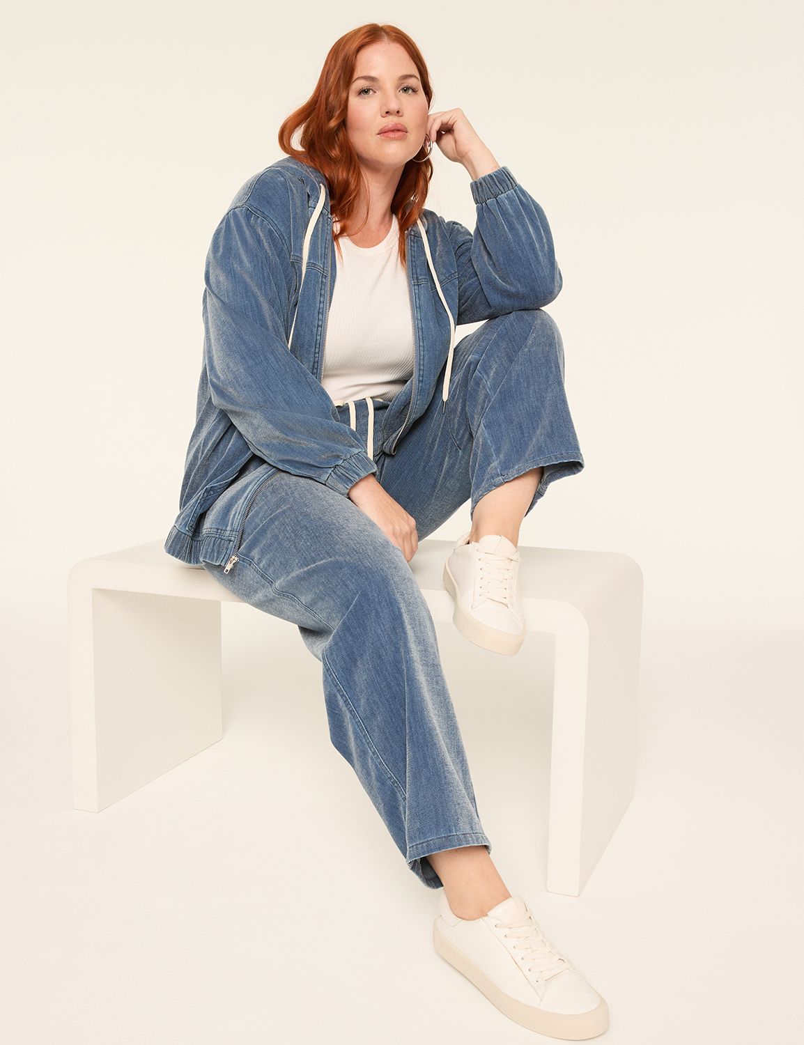 Cloud Knit Denim Zip-Front Hoodie | LaneBryant