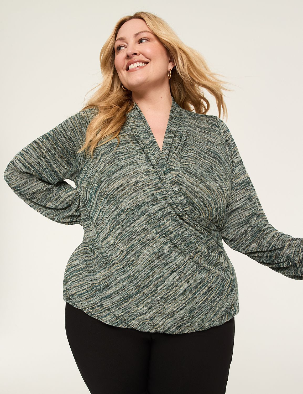 Lurex Blouson-Sleeve Faux-Wrap Bubble-Hem Top