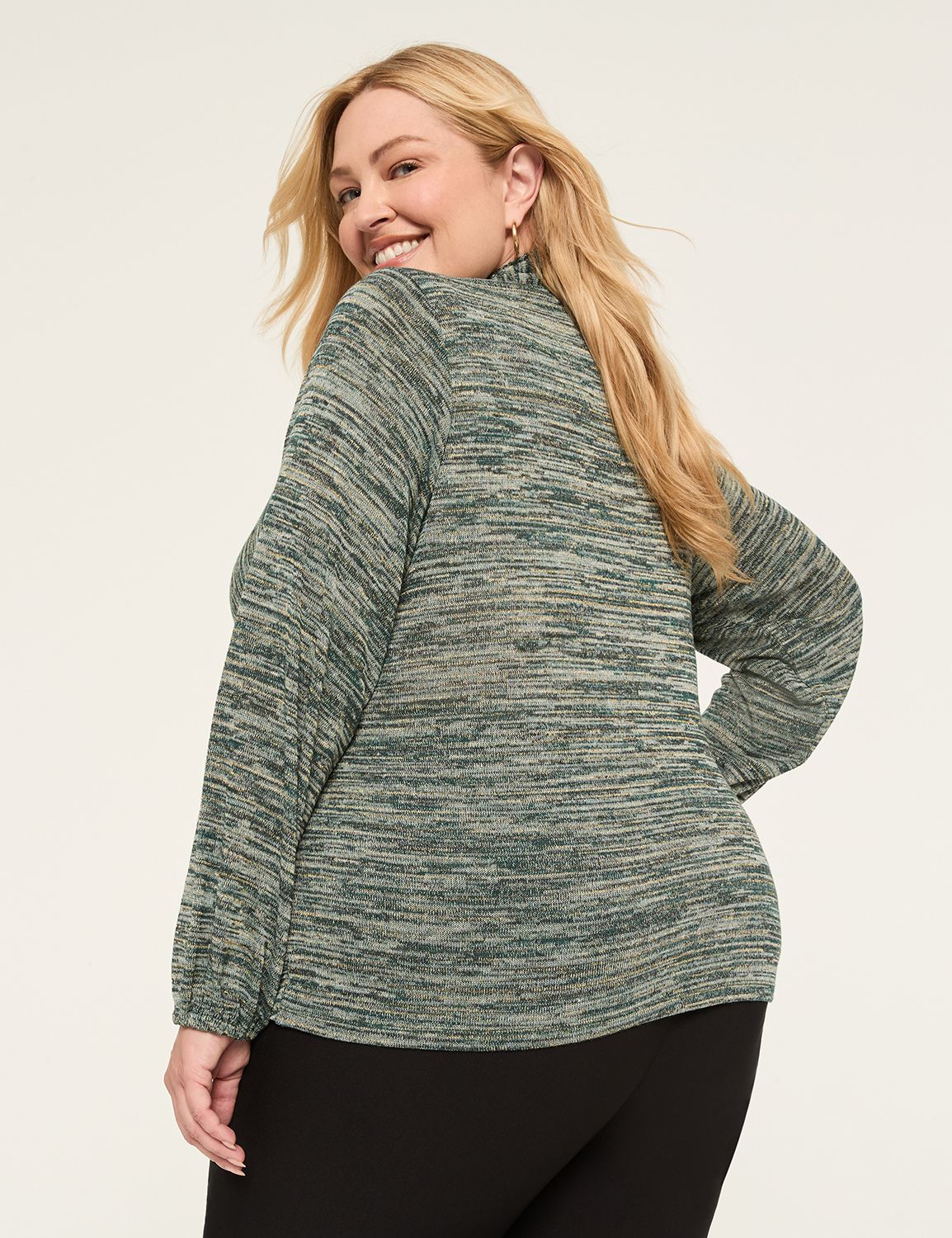 Lurex Blouson-Sleeve Faux-Wrap Bubble-Hem Top