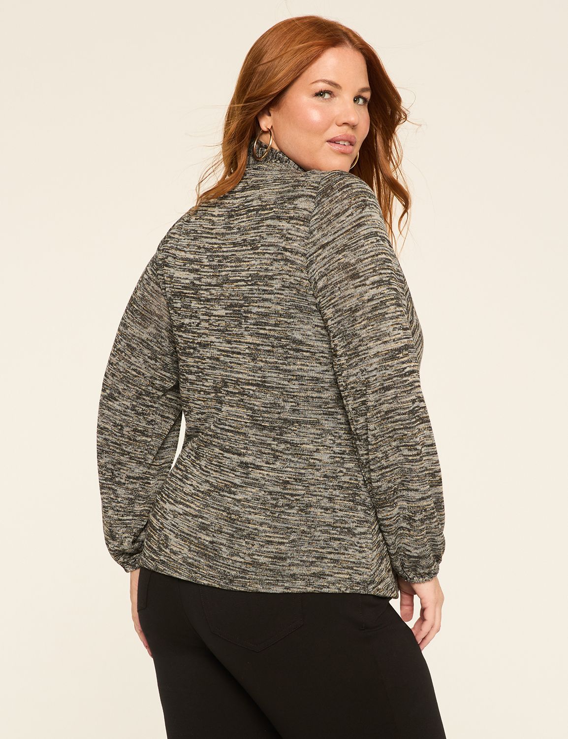 Lurex Blouson-Sleeve Faux-Wrap Bubble-Hem Top