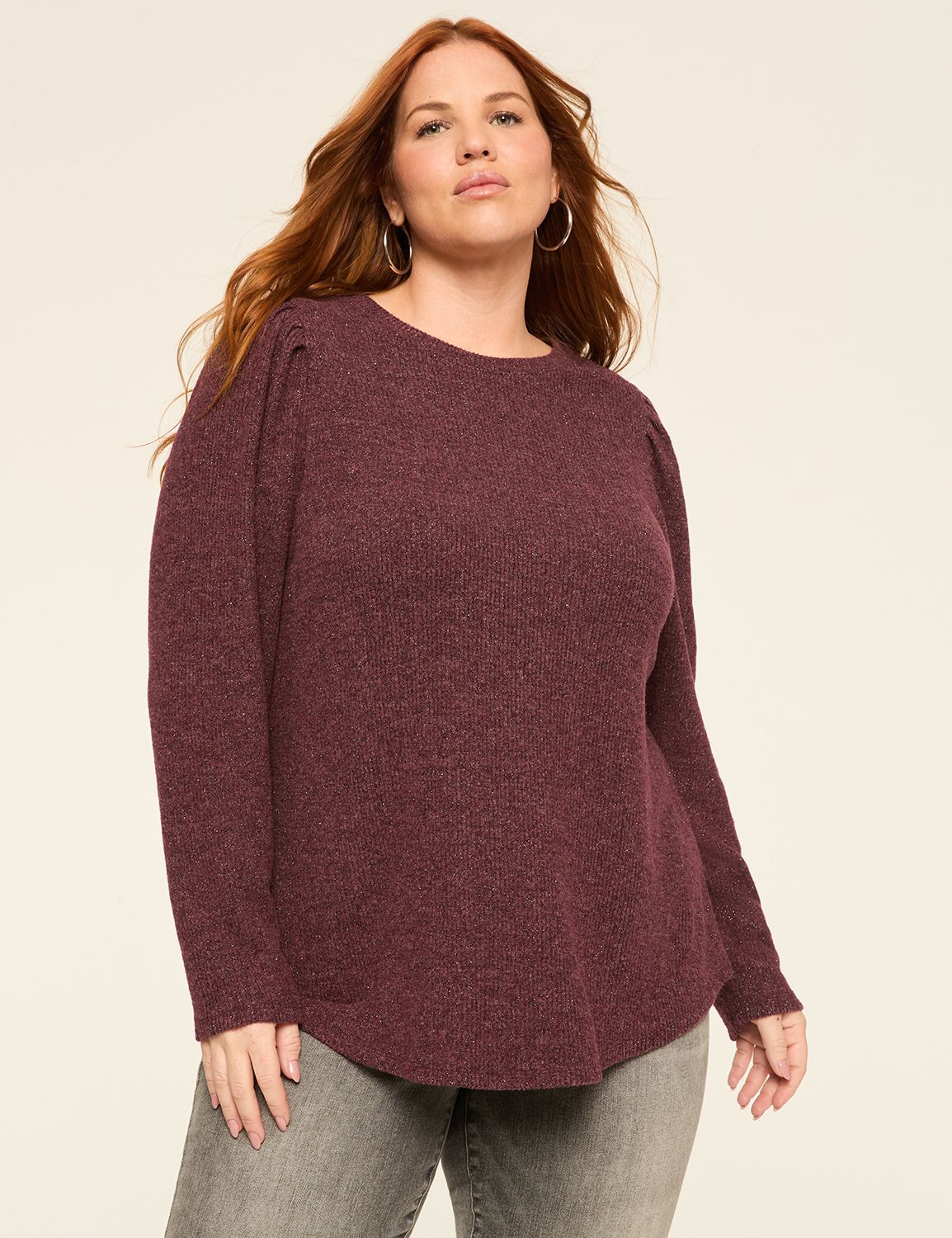 Lurex Pleat-Shoulder Cozy Rib Top