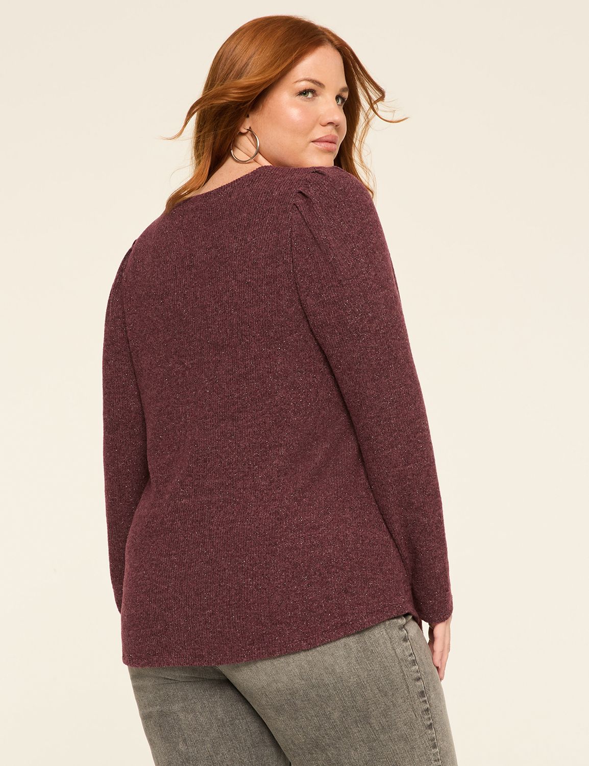 Lurex Pleat-Shoulder Cozy Rib Top