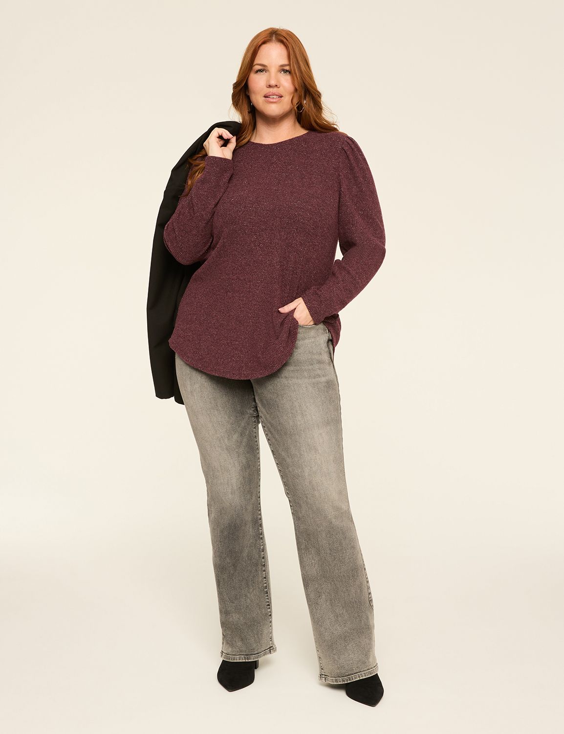 Long Pleated Sleeve Crew Neck Cozy Product Image 3